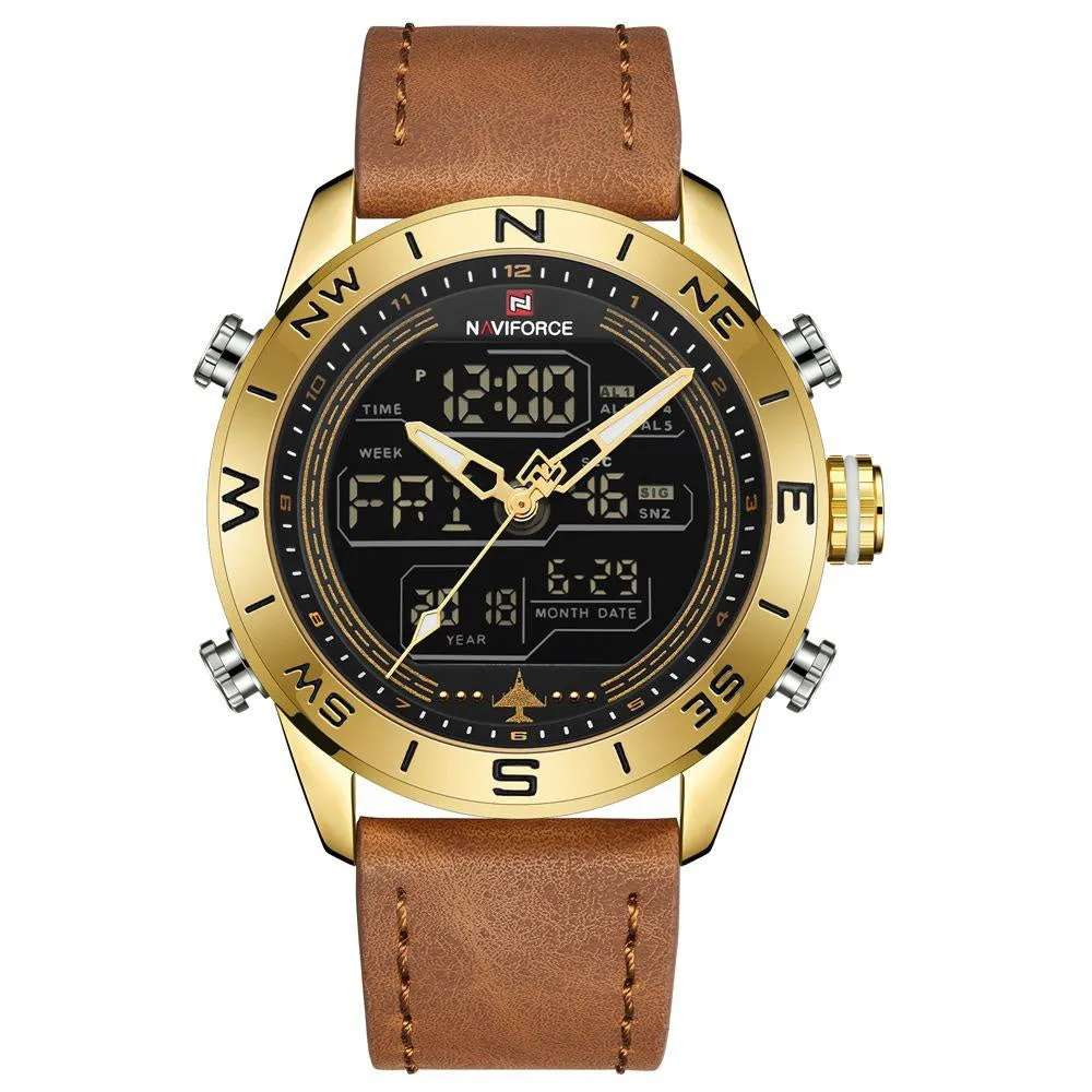 NAVIFORCE Lingxiang 9144 men's watch with black dial, leather strap, and alloy case