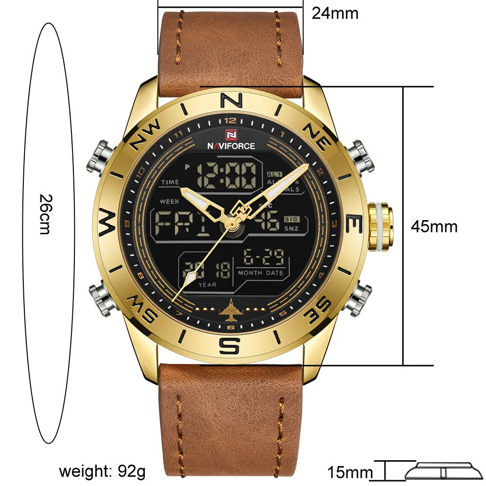 NAVIFORCE Lingxiang 9144 men's watch with black dial, leather strap, and alloy case