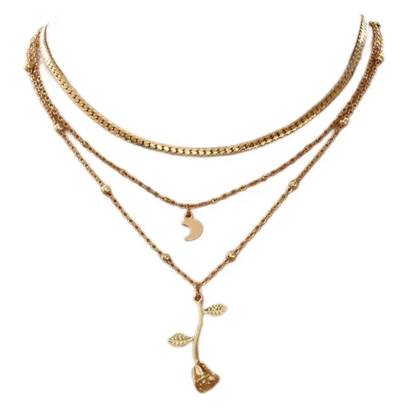 Bohemian gold rose flower multilayer pendant choker necklace on a woman, alloy snake bones chain