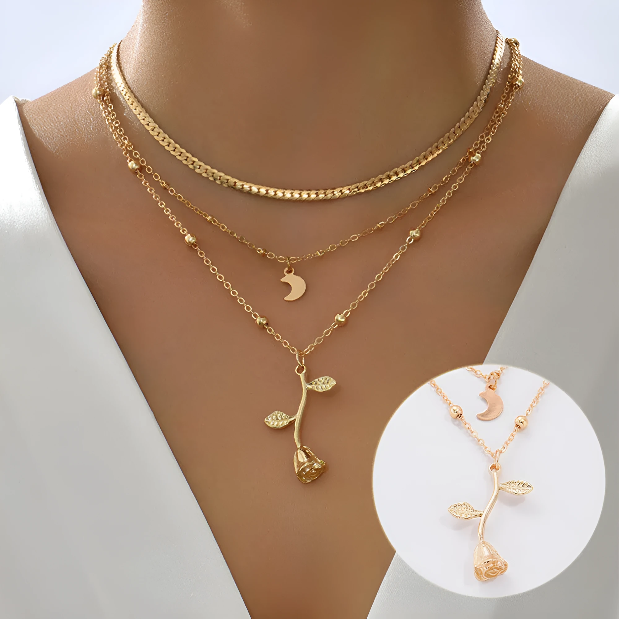 Bohemian gold rose flower multilayer pendant choker necklace on a woman, alloy snake bones chain
