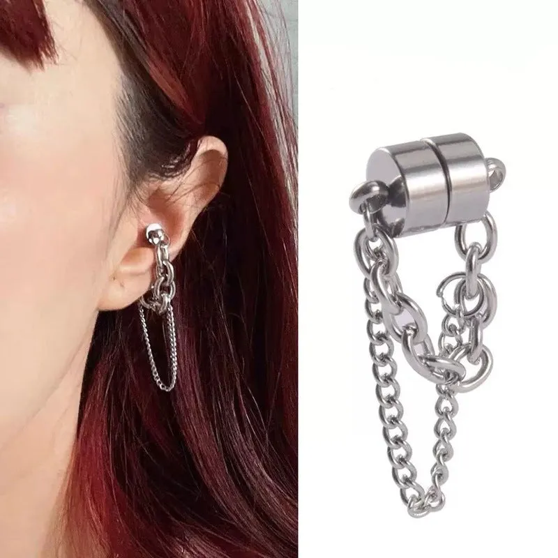 Magnetic suction non-piercing earrings with chain detail made from alloy with micro inlay in European American style