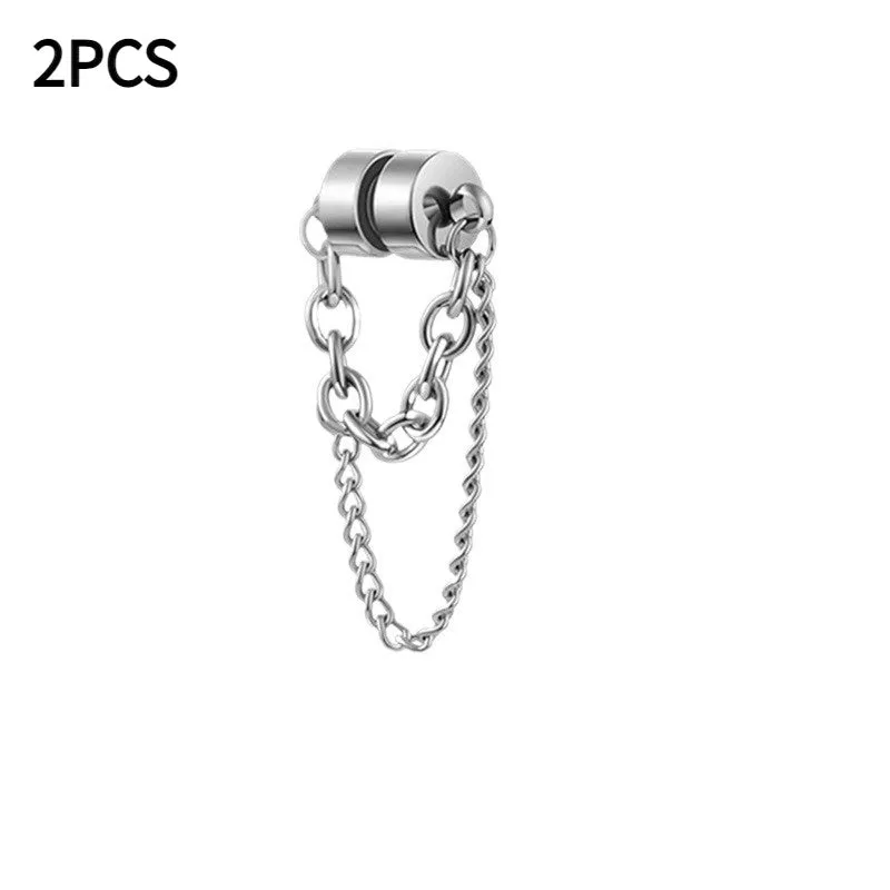 Magnetic suction non-piercing earrings with chain detail made from alloy with micro inlay in European American style