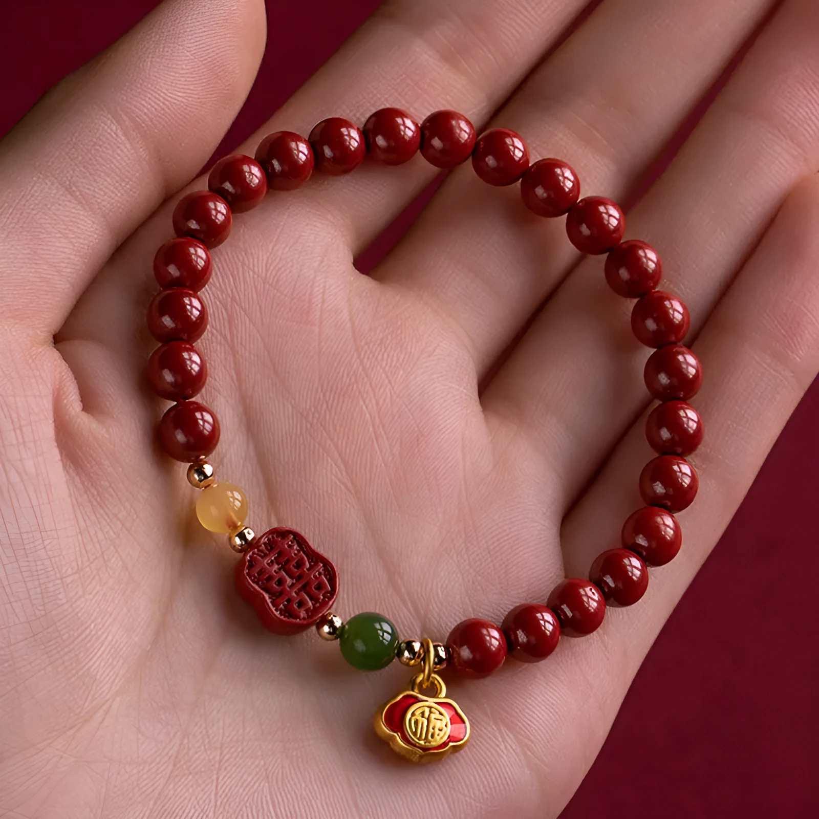Fu character cinnabar and emperor sandstone beaded bracelet in new Chinese style.