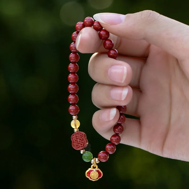 Fu character cinnabar and emperor sandstone beaded bracelet in new Chinese style.