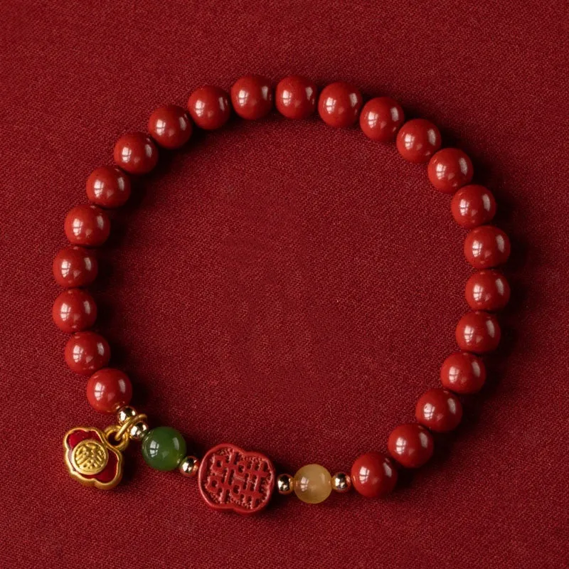 Fu character cinnabar and emperor sandstone beaded bracelet in new Chinese style.