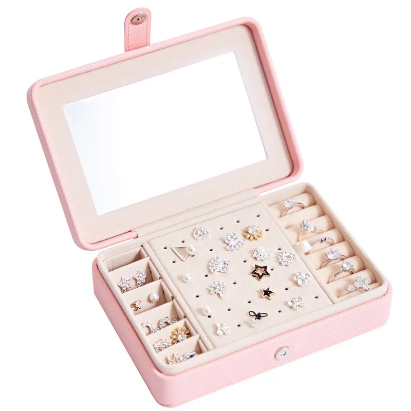 White leather jewellery storage box with mirror for earrings and rings, 170mm x 120mm x 50mm