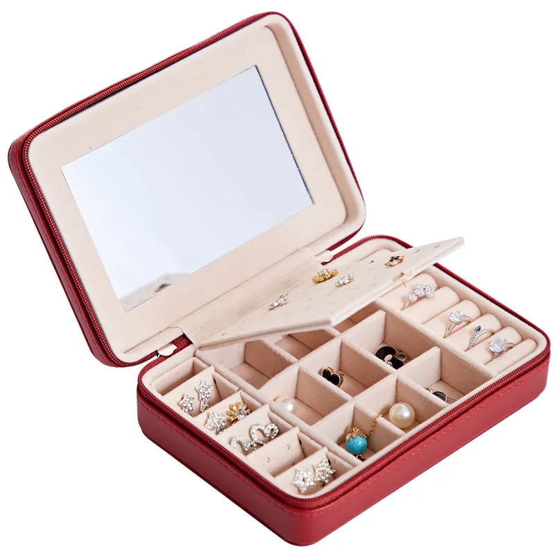White leather jewellery storage box with mirror for earrings and rings, 170mm x 120mm x 50mm