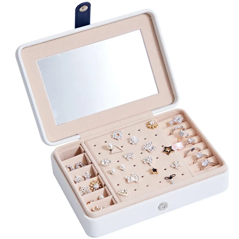 White leather jewellery storage box with mirror for earrings and rings, 170mm x 120mm x 50mm