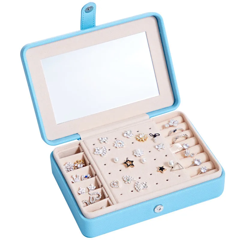 White leather jewellery storage box with mirror for earrings and rings, 170mm x 120mm x 50mm
