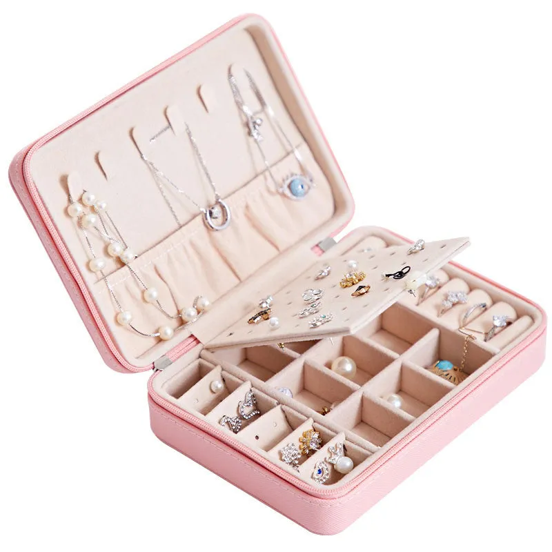 White leather jewellery storage box with mirror for earrings and rings, 170mm x 120mm x 50mm