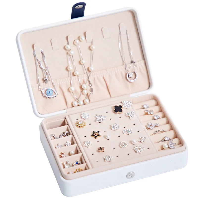 White leather jewellery storage box with mirror for earrings and rings, 170mm x 120mm x 50mm