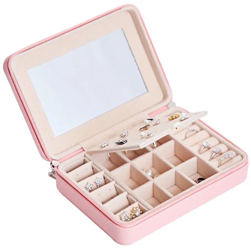 White leather jewellery storage box with mirror for earrings and rings, 170mm x 120mm x 50mm