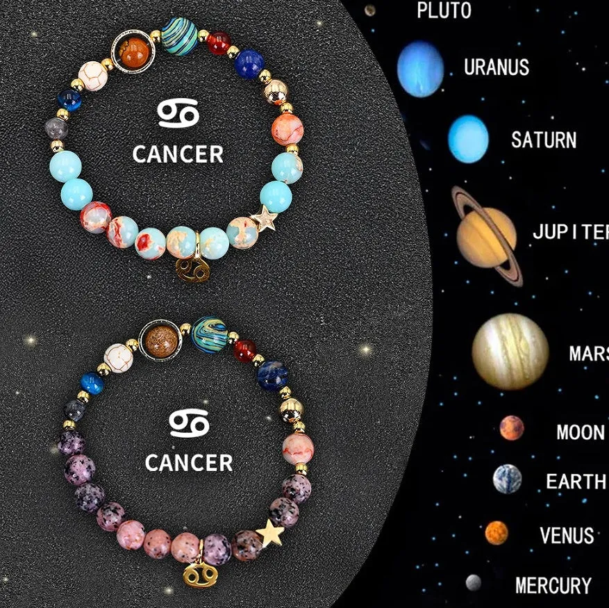 Two natural stone beaded bracelets showing different zodiac sign designs on a neutral background.