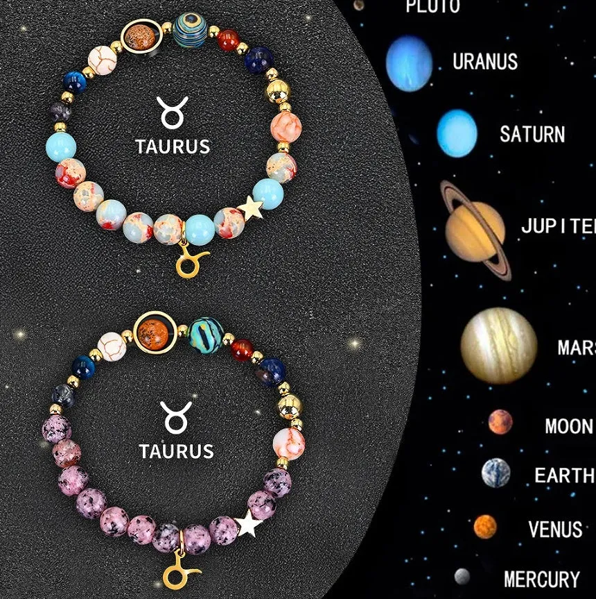 Two natural stone beaded bracelets showing different zodiac sign designs on a neutral background.