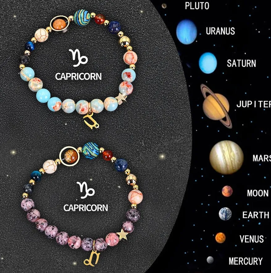 Two natural stone beaded bracelets showing different zodiac sign designs on a neutral background.