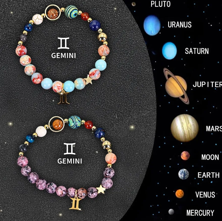Two natural stone beaded bracelets showing different zodiac sign designs on a neutral background.