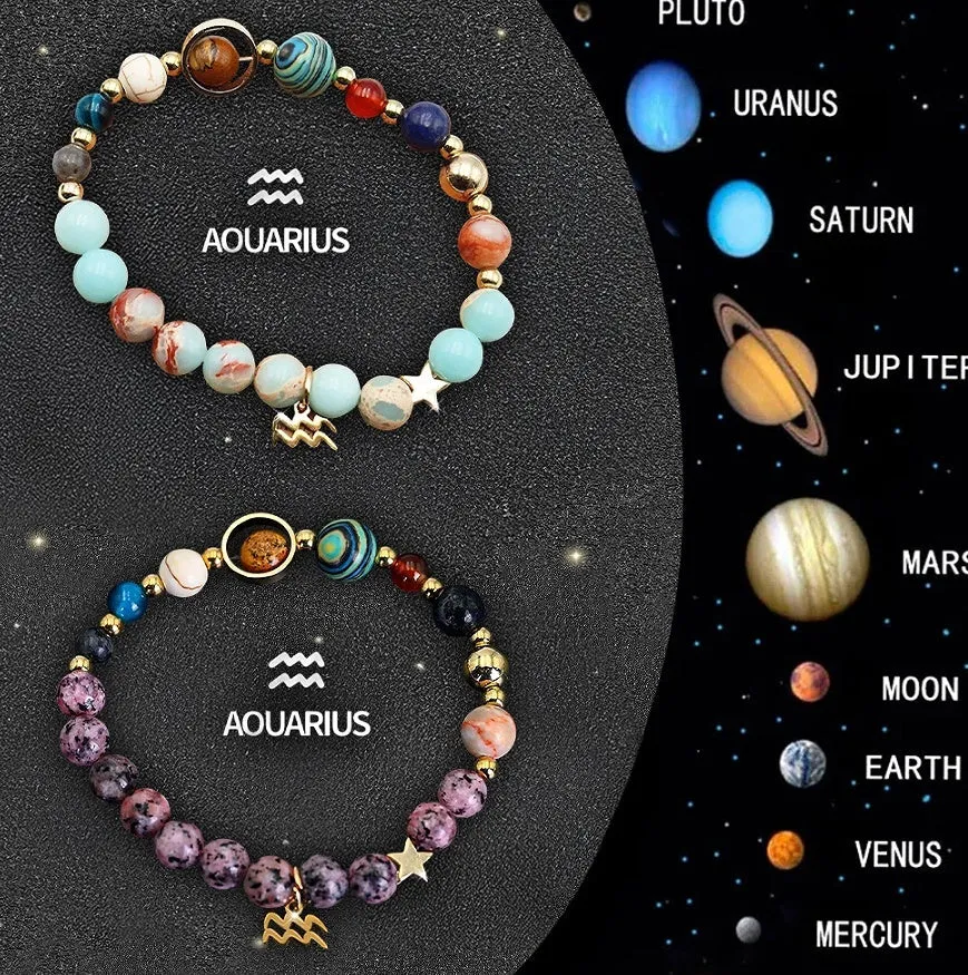 Two natural stone beaded bracelets showing different zodiac sign designs on a neutral background.