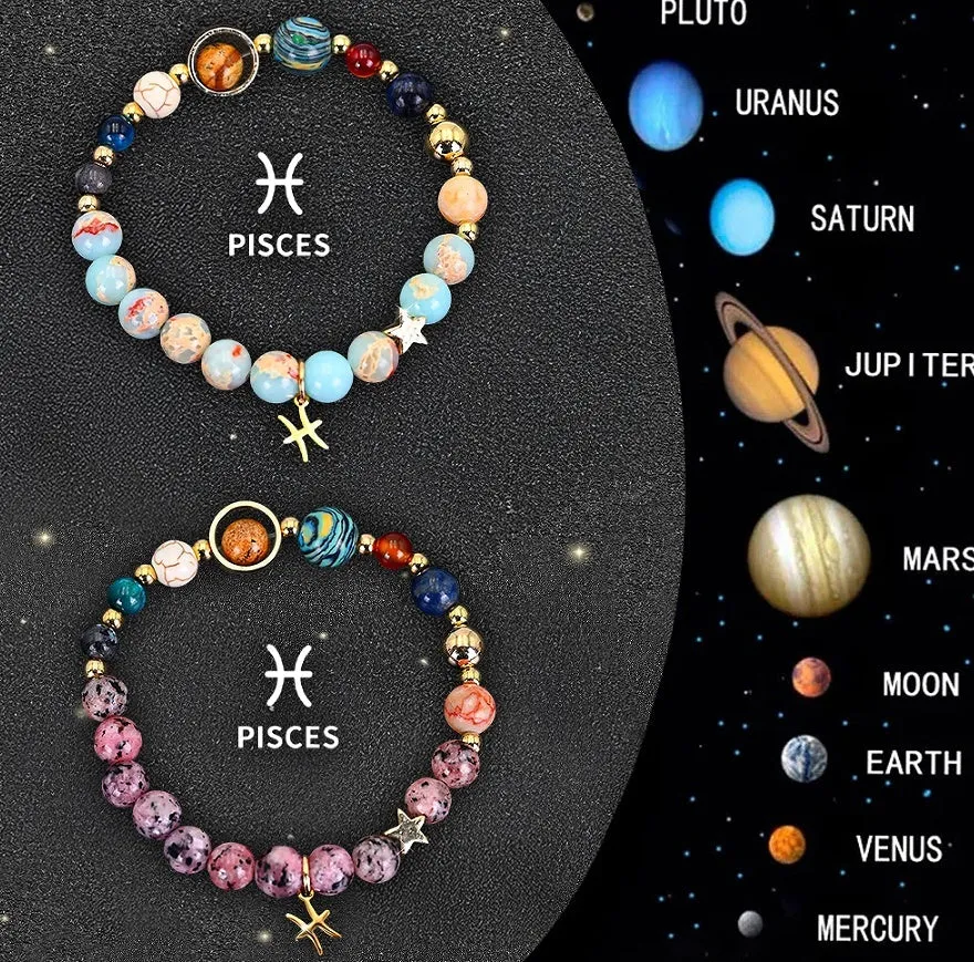 Two natural stone beaded bracelets showing different zodiac sign designs on a neutral background.