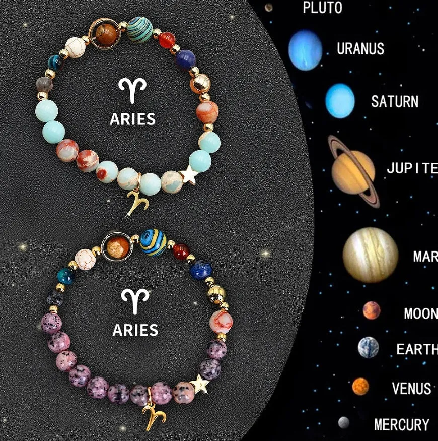 Two natural stone beaded bracelets showing different zodiac sign designs on a neutral background.