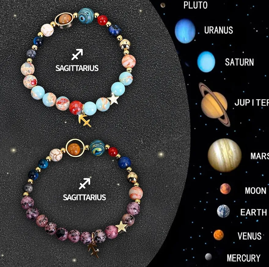 Two natural stone beaded bracelets showing different zodiac sign designs on a neutral background.