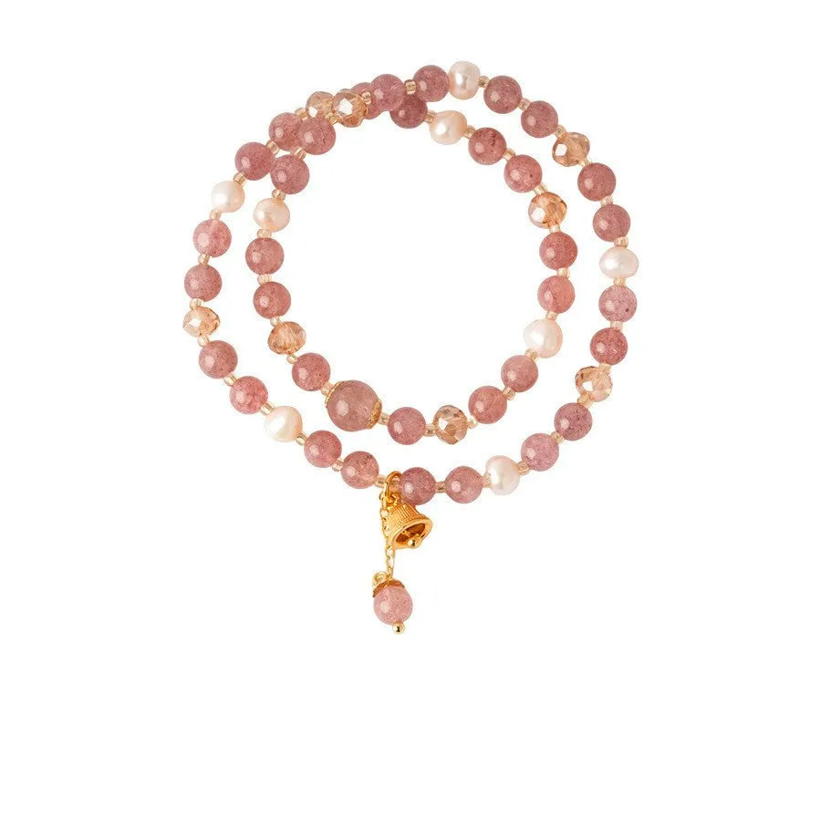 Double-layer strawberry quartz pearl bell bracelet for women, electroplated finish, geometric shape