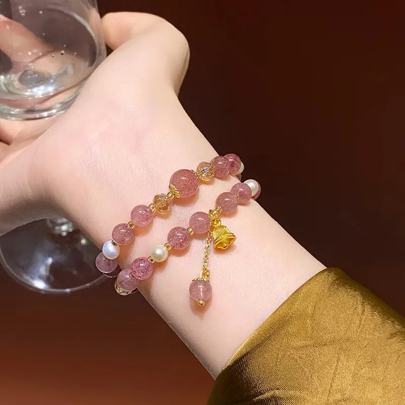 Double-layer strawberry quartz pearl bell bracelet for women, electroplated finish, geometric shape