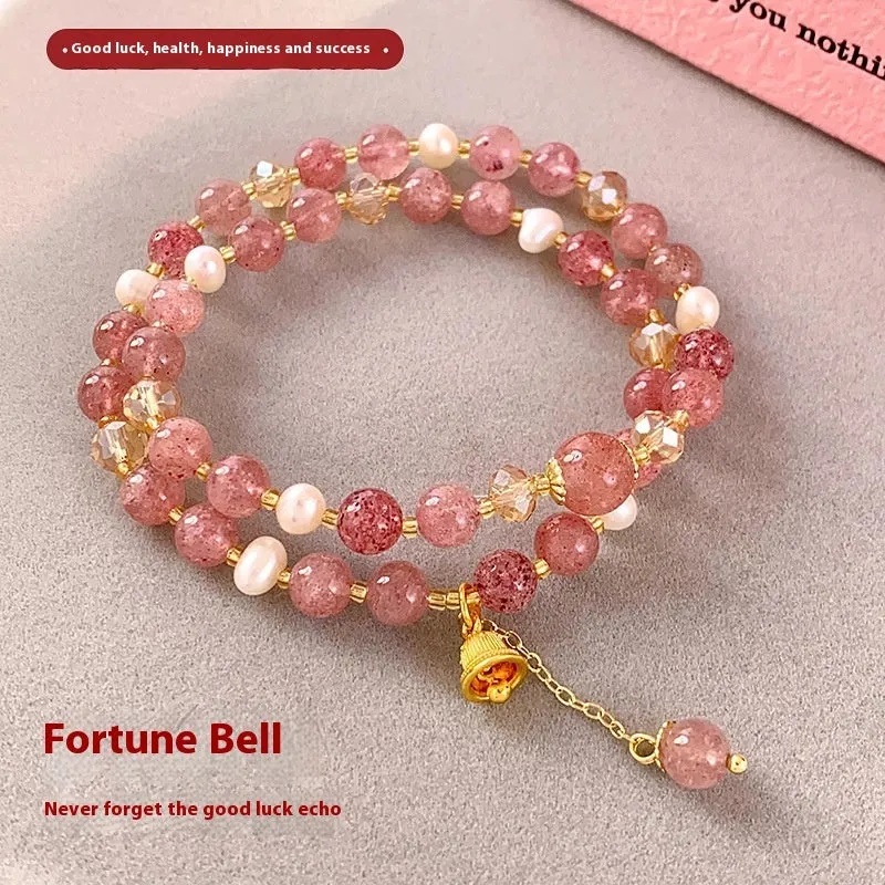Double-layer strawberry quartz pearl bell bracelet for women, electroplated finish, geometric shape