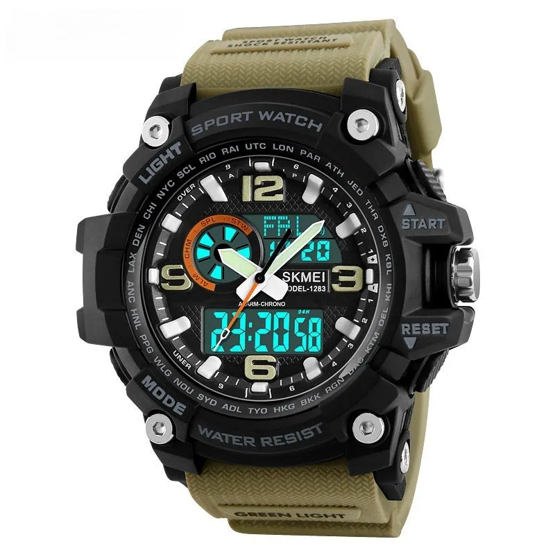 Sports waterproof electronic watch for men in black with silicone strap and plastic case