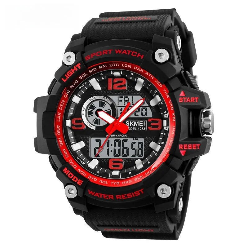 Sports waterproof electronic watch for men in black with silicone strap and plastic case