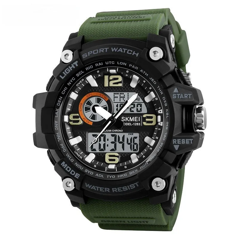 Sports waterproof electronic watch for men in black with silicone strap and plastic case