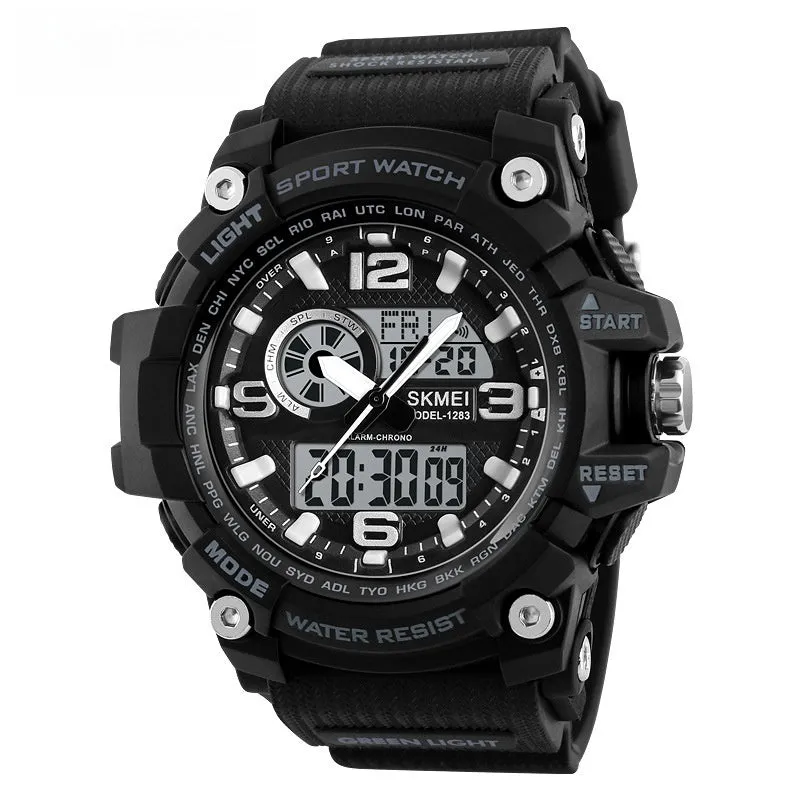 Sports waterproof electronic watch for men in black with silicone strap and plastic case