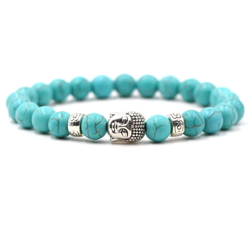 Natural stone stretch bracelet with round 8mm beads on a black background, showing Tigereye and turquoise colour options.