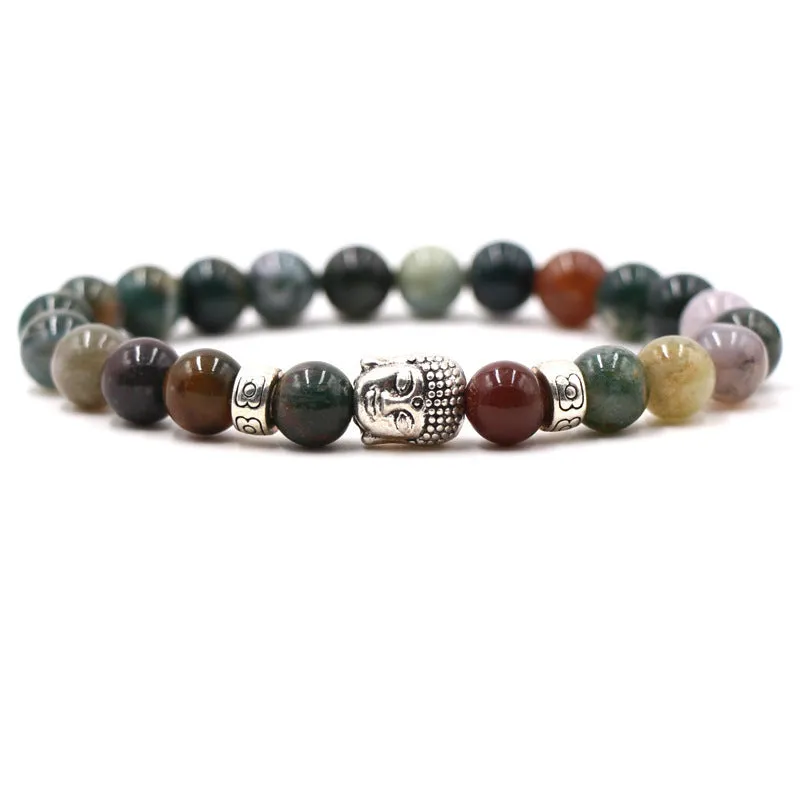 Natural stone stretch bracelet with round 8mm beads on a black background, showing Tigereye and turquoise colour options.