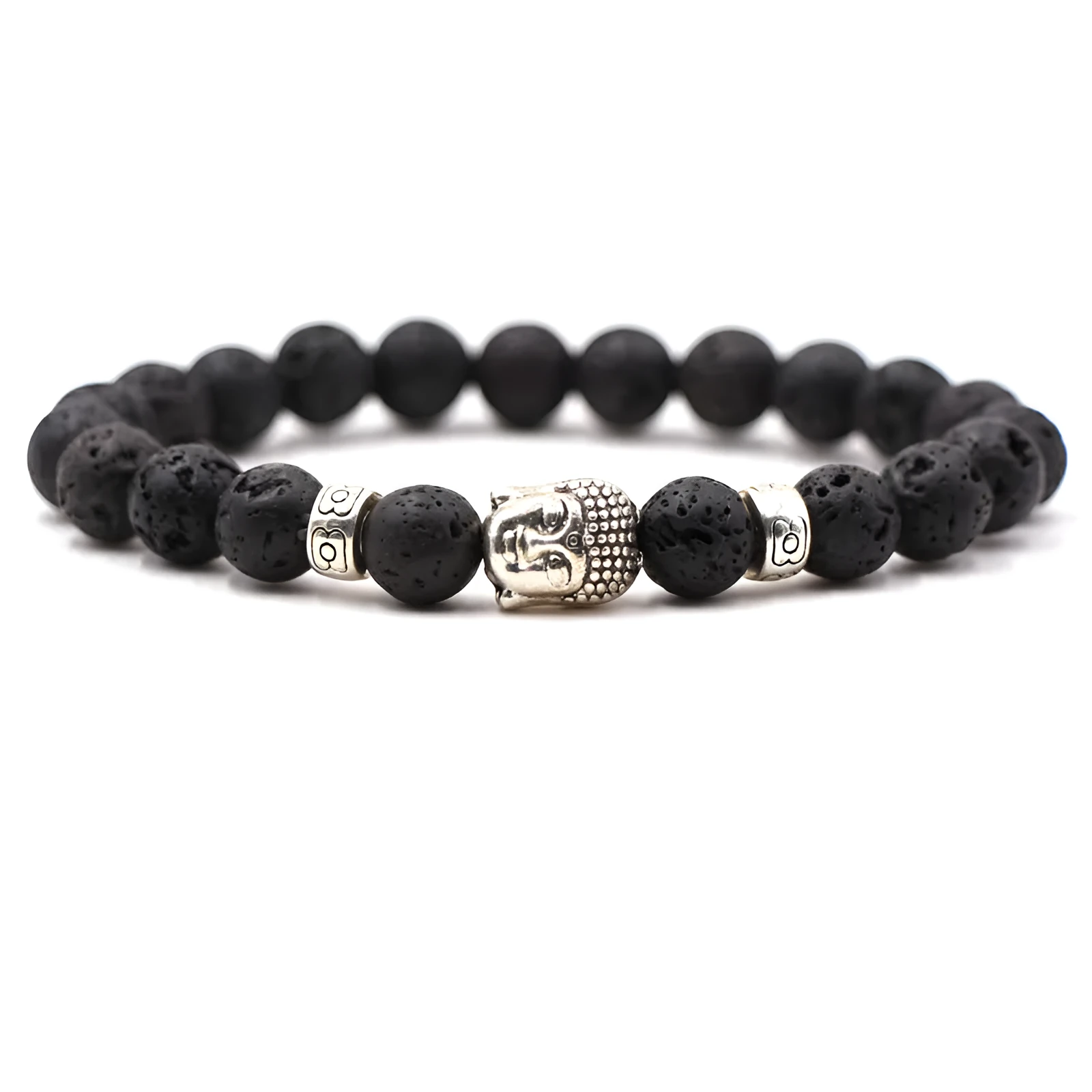 Natural stone stretch bracelet with round 8mm beads on a black background, showing Tigereye and turquoise colour options.