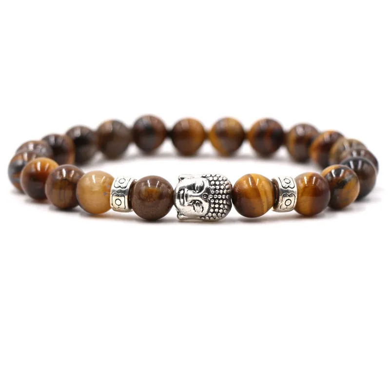 Natural stone stretch bracelet with round 8mm beads on a black background, showing Tigereye and turquoise colour options.