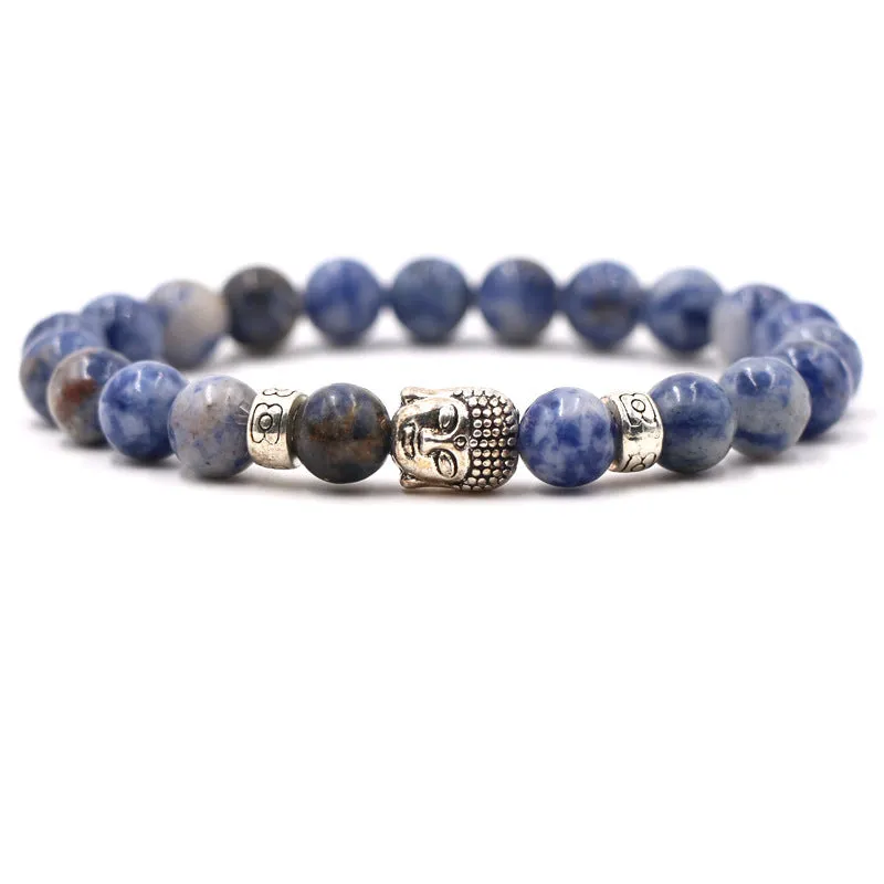 Natural stone stretch bracelet with round 8mm beads on a black background, showing Tigereye and turquoise colour options.