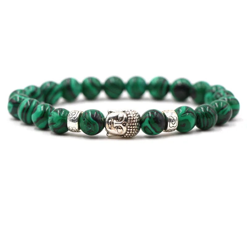 Natural stone stretch bracelet with round 8mm beads on a black background, showing Tigereye and turquoise colour options.