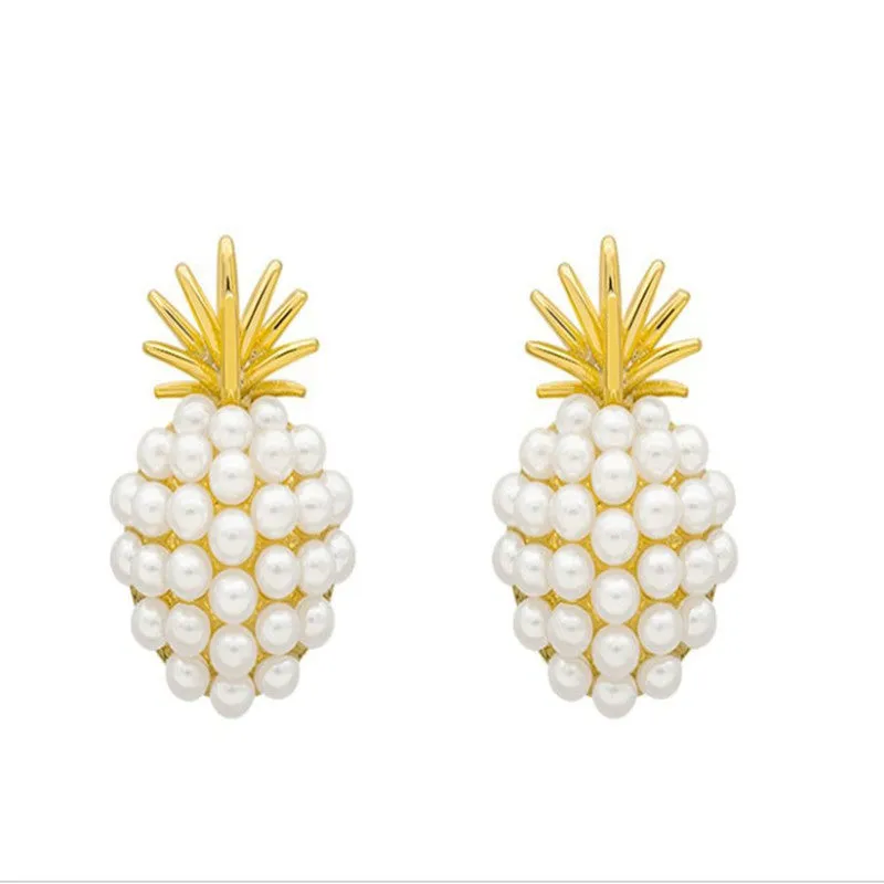 Korean style alloy earrings with pineapple and starfish motifs in gold colour, featuring inlaid artificial gems