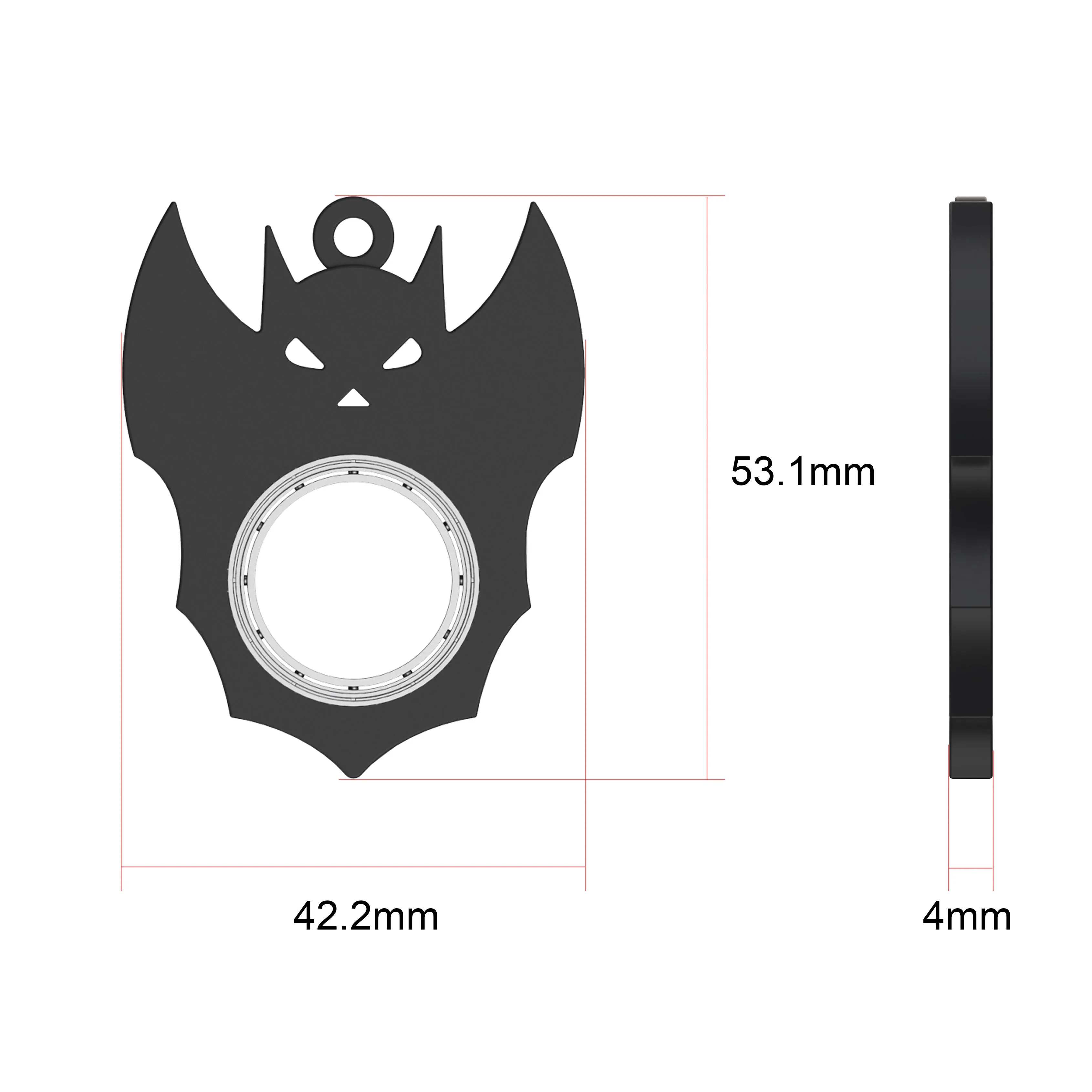 Black plastic Halloween bat demon ghost fidget spinner keychain with bottle opener on a dark background