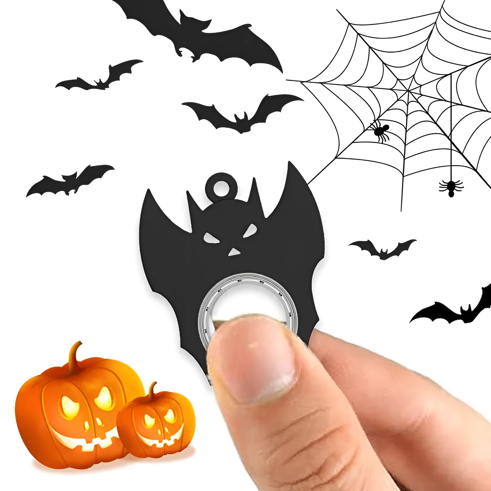 Black plastic Halloween bat demon ghost fidget spinner keychain with bottle opener on a dark background