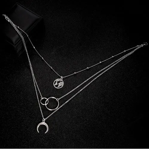 Multilayer boho moon map necklace with matching ring, alloy with electroplated gold finish