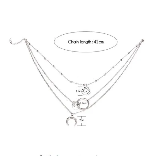 Multilayer boho moon map necklace with matching ring, alloy with electroplated gold finish