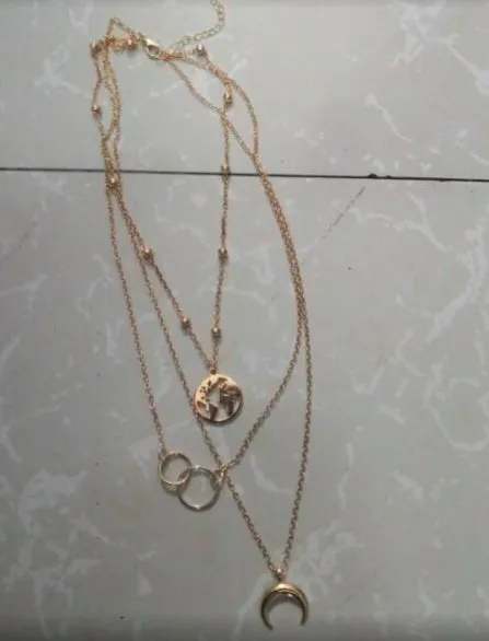 Multilayer boho moon map necklace with matching ring, alloy with electroplated gold finish