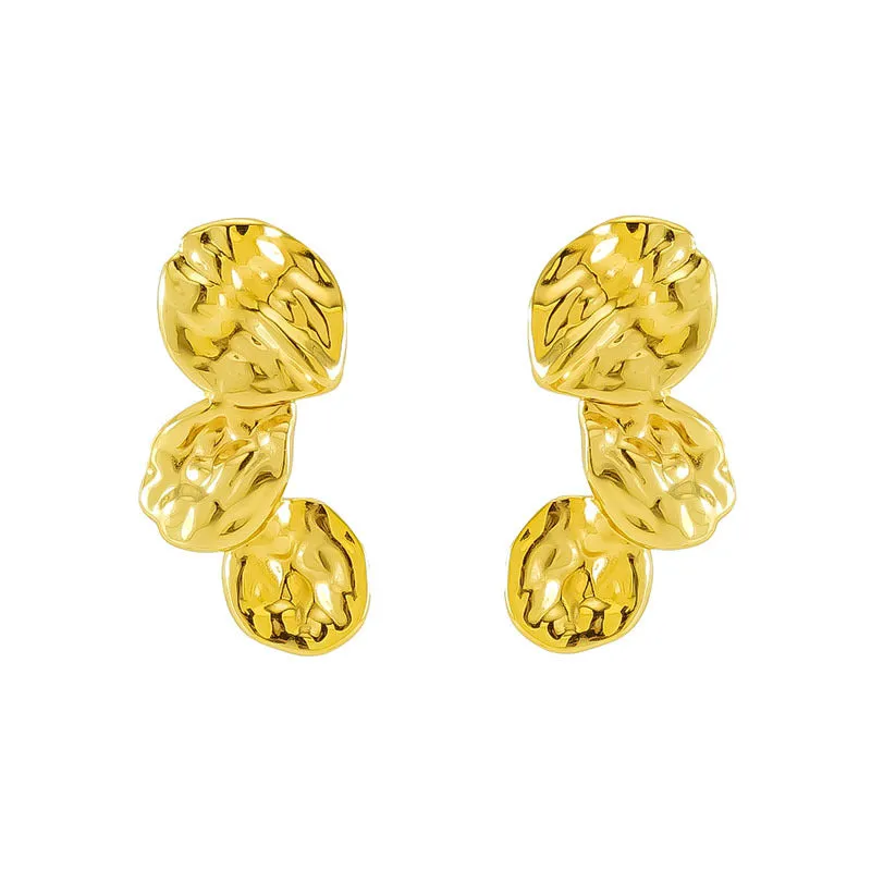 Gold stainless steel vintage petal earrings with irregular geometric shape and asymmetric folding design