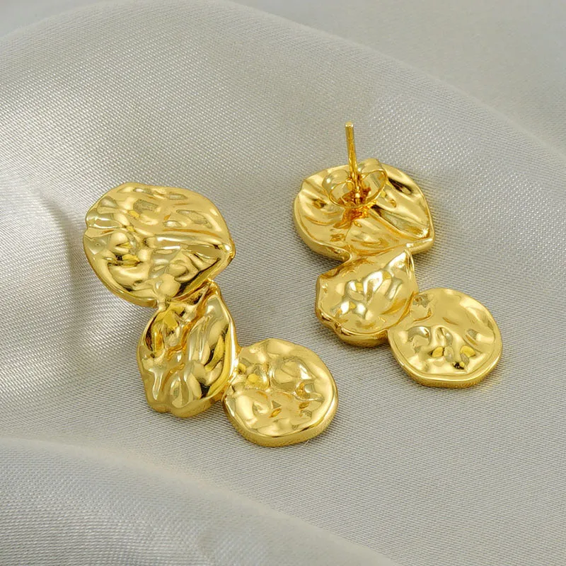 Gold stainless steel vintage petal earrings with irregular geometric shape and asymmetric folding design