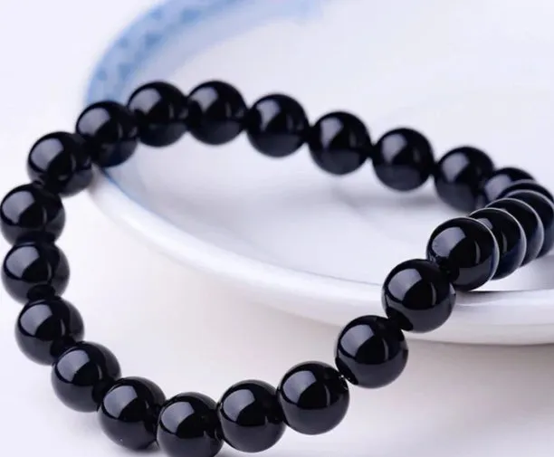 Black onyx bracelet with 8mm natural black agate beads on elastic cord, geometric women's jewellery