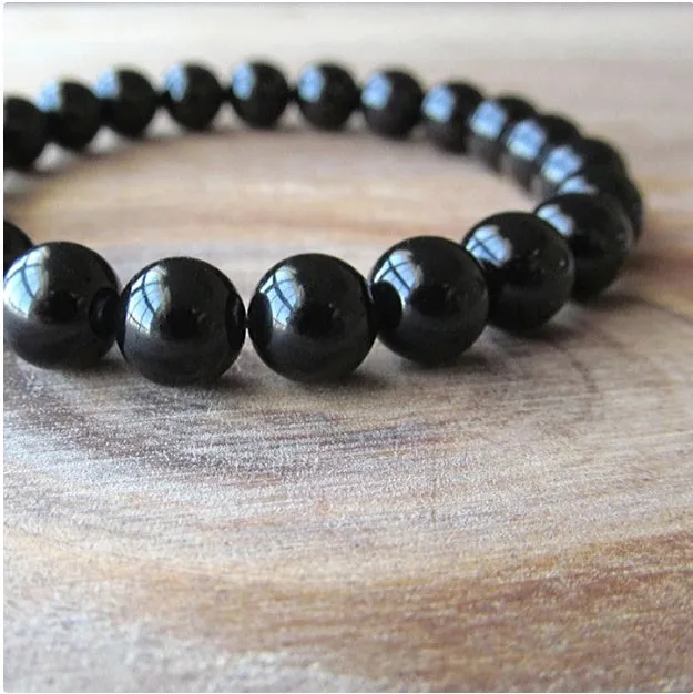 Black onyx bracelet with 8mm natural black agate beads on elastic cord, geometric women's jewellery