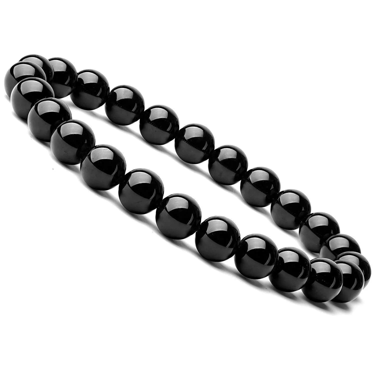 Black onyx bracelet with 8mm natural black agate beads on elastic cord, geometric women's jewellery