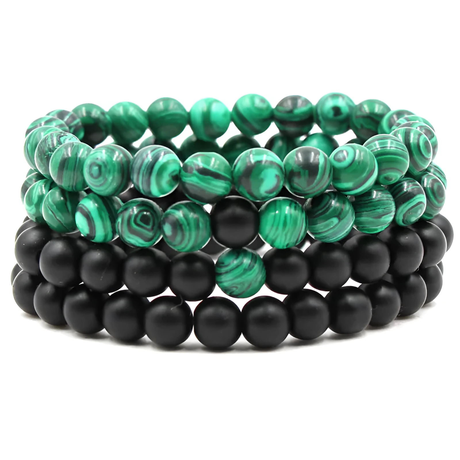 Malachite green and black matte 8mm round bead elastic strand bracelet on a neutral background