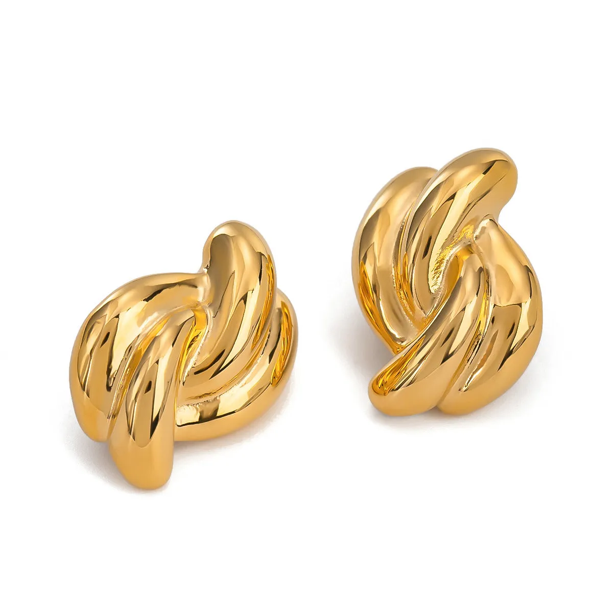 Close-up of women's stainless steel cross-knotted geometric earrings with electroplated finish, 1.5 cm diameter